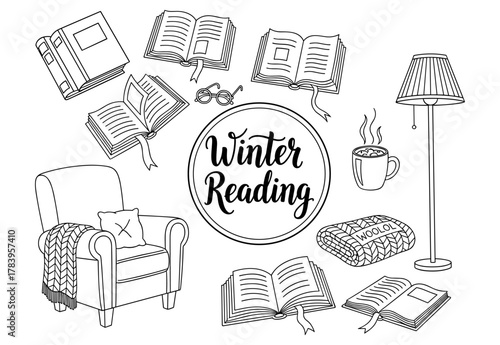 Cozy winter reading corner with books, lamp, and hot cocoa line art