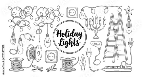 Festive holiday lights doodle set with cords and decorations