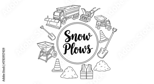 Snow plows winter equipment set featuring trucks and tools in linear style