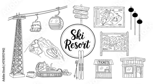 Winter adventure elements featuring alpine ski resorts and mountain activities