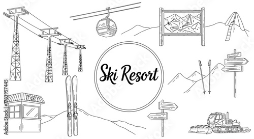 Ski resort linear artwork with cable car, mountains, signs, and equipment