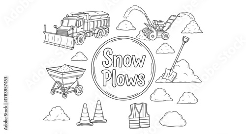 Snow plows and equipment in monochrome line art for winter maintenance
