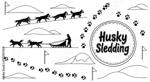 Husky dog sledding adventure in monochrome design with scenic mountain background