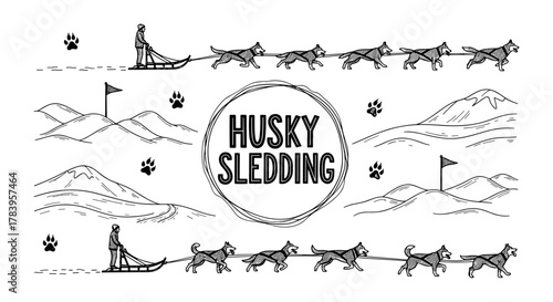 Husky sledding adventure with silhouette dogs and mountains