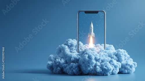 Digital concept of smartphone launching a rocket into sky, representing innovation, technology advancements, and future exploration in a modern backdrop