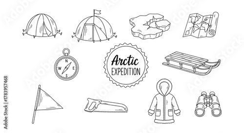 Hand drawn arctic expedition essentials: tents, sledge, compass, and more