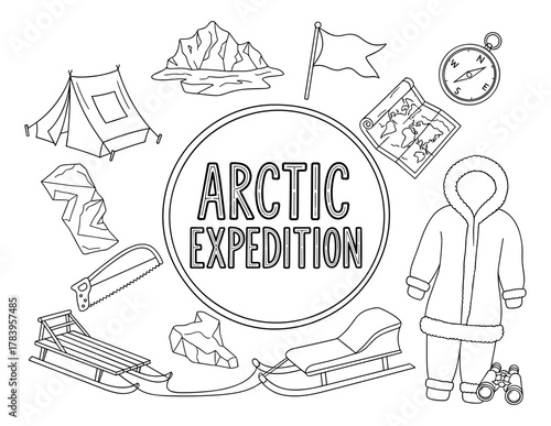 Arctic expedition elements with tent, map, compass, and sled in outline design