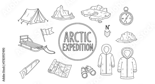 Arctic exploration essentials: camping, navigation, and survival gear in line art style