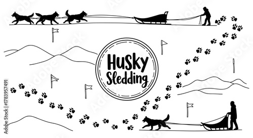 Husky sledding adventure with dogs and paw prints in black and white silhouette style