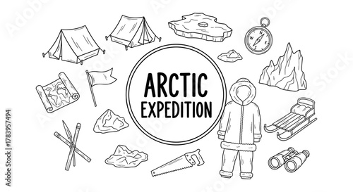 Arctic expedition adventure: exploration essentials and gear in outline design