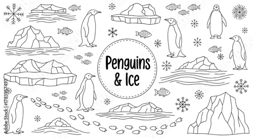 Penguins and ice sketch with fish and snowflakes in minimalist style