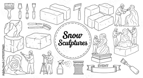 Hand-drawn snow sculptures and tools in a black and white outline style