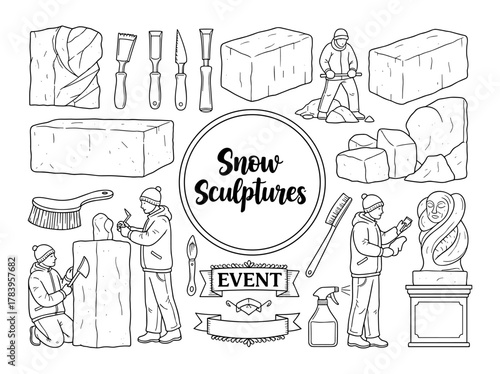 Winter event with snow sculptors crafting art from ice blocks and tools