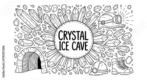 Monochrome poster of crystal ice cave with helmets and boots