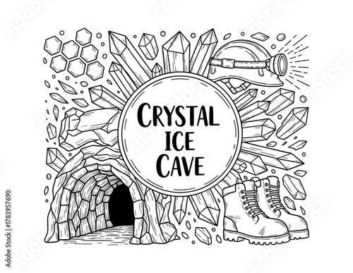 Intricate crystal ice cave design with adventure elements in black and white