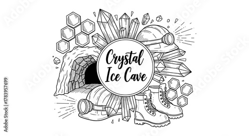Hand drawn crystal ice cave exploration with helmets and boots
