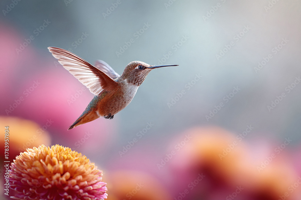 Obraz premium A hummingbird hovering near vibrant flowers, symbolizing natures beauty and delicate balance. Great for conveying freedom, joy, and connection to the natural world.