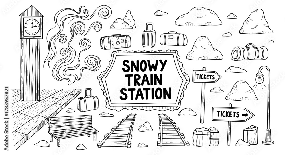 Fototapeta premium Hand drawn winter train station with luggage and signs