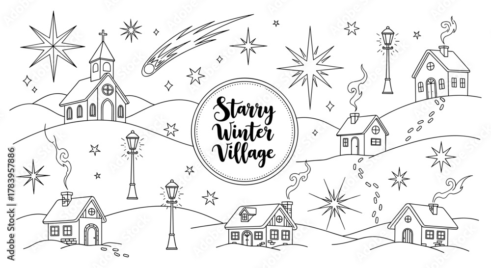 Fototapeta premium Starry winter village scene with snow-covered houses and stars in a white background