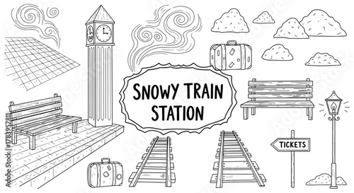 Hand drawn elements of a snowy train station with benches and tracks