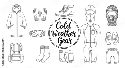 Essential cold weather gear in linear style for outdoor activities and winter sports