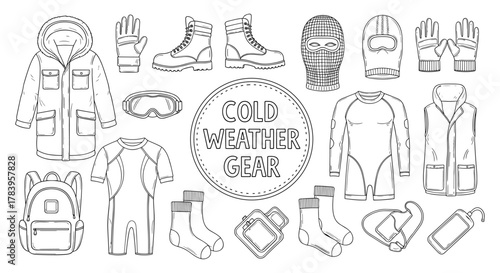 Winter gear collection: seamless outline design of outdoor apparel and accessories
