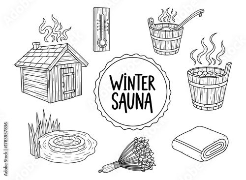 Cozy winter sauna elements collection with hand drawn style for relaxation and wellness