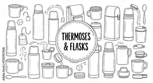 Hand-drawn thermoses and flasks collection with various accessories in monochrome style