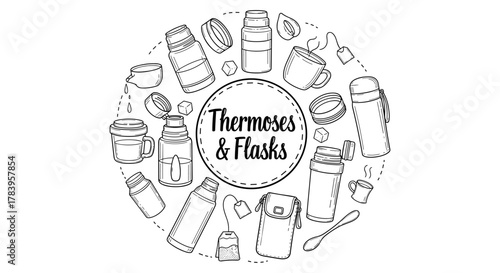 Stylish line art of thermoses and flasks with accessories in circle design