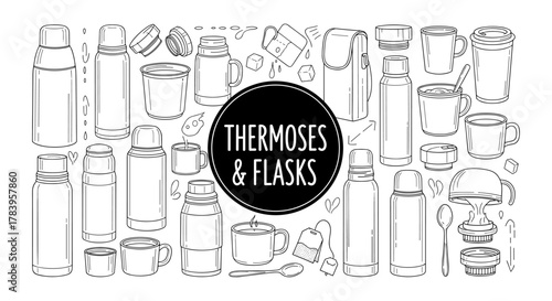 Hand drawn thermoses and flasks collection with cups and accessories