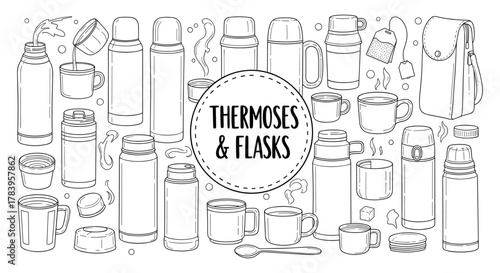 Hand drawn outline of various thermoses and flasks with tea elements