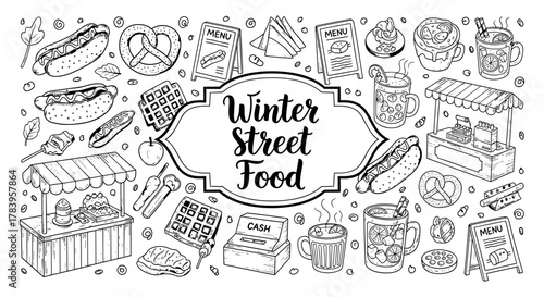 Winter street food festival: hand drawn delights in black and white
