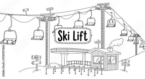 Ski lift scene in black and white line art featuring mountain ski resort setup