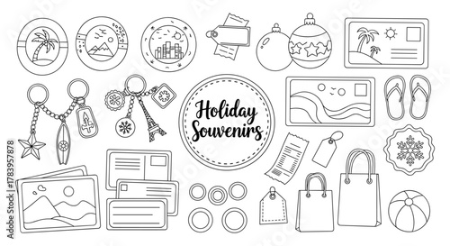 Holiday souvenirs set with travel icons and gift items in linear style