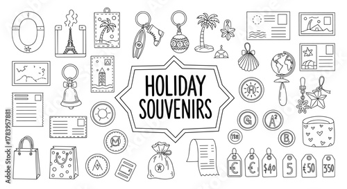 Outline design collection of holiday souvenirs with travel icons and elements