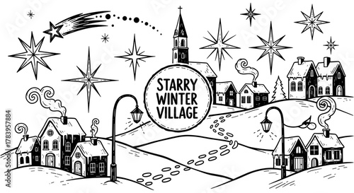 Starry night in winter village with snowy hills and charming houses