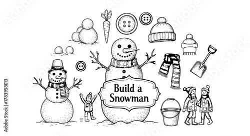 Build your own snowman kit: vintage black and white winter elements