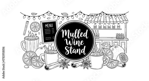 Cozy mulled wine stand with seasonal decorations and lively atmosphere