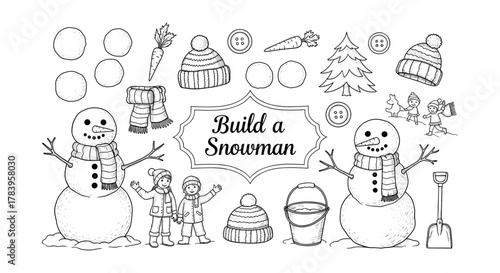 Winter fun elements: build your own snowman with kids and accessories