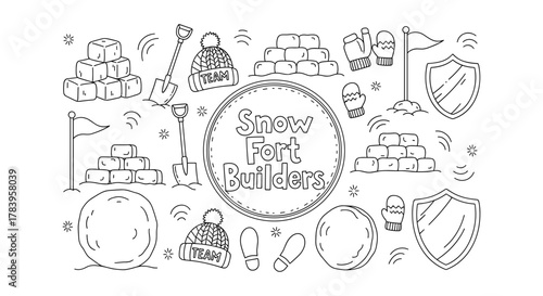 Winter fun adventure: build your own snow fort with tools and accessories in a playful outline style