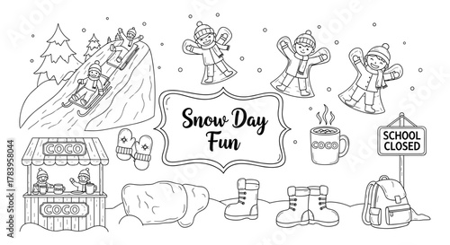 Fun winter snow day activities with kids playing and sledding outdoor