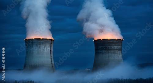 Powerful nuclear power plant cooling towers emitting steam at night industrial energy production technology and environmental concept with dramatic lighting