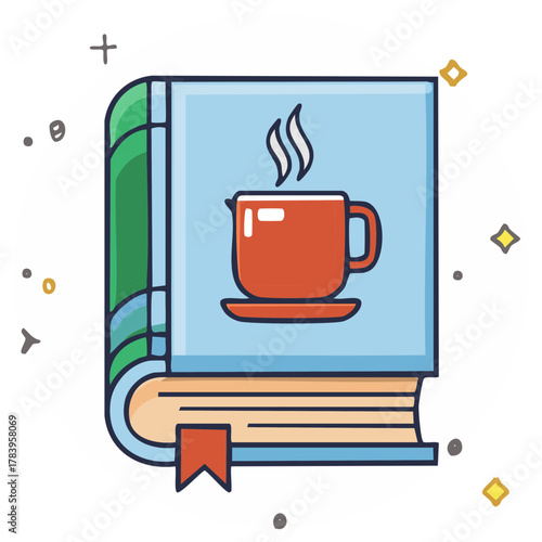 Stylized book with a coffee cup illustration on the cover, symbolizing knowledge and a cozy atmosphere
