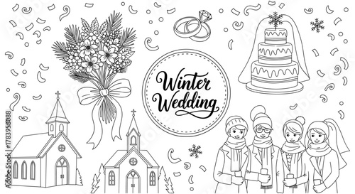 Charming linear winter wedding elements with floral bouquet, cake, and chapel