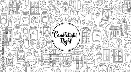 Charming candlelight night with lanterns and winter elements in doodle art