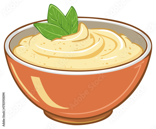 Creamy dip in orange bowl topped with fresh green leaves