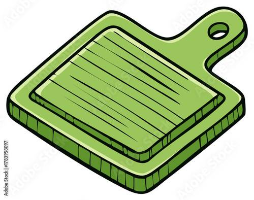 Isolated green chopping board with a handle, kitchenware cartoon icon