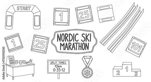 Nordic ski marathon elements with equipment, tracks, and medals in line art style