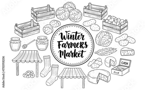 Winter farmers market: hand drawn harvest objects with rustic charm