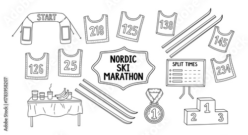 Nordic ski marathon elements with bibs and medals in black and white